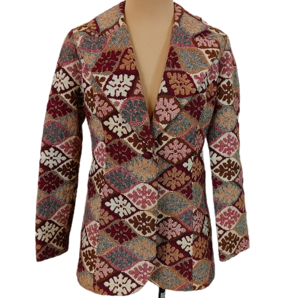 Vintage Jackets & Blazers - Vintage 70s Alex Colman Blazer Womens M Multicolor‎ Woven Tapestry Boho Academia